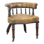 Fauteuil / chaise de bureau ancien en cuir de vache anglais combin avec du bois sur des roulettes d'origine ...