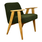 Fauteuil chierowski 366, ann�es 1970, en boucl� vintage vert olive et bois clair