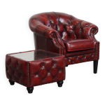 Fauteuil club chesterfield et table d'appoint en cuir de vache rouge