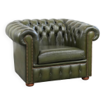 Magnifique fauteuil club en cuir de vachette verte de style anglais.