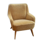 Fauteuil club danois accoudoir vague ann�es 50 / 60 jaune beige