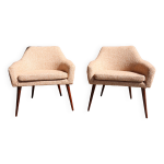 Fauteuils club scandinave boucl blanc 1960, rnovs, paire de chaises cocktail vintage en bois rembourrs ...