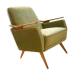 Fauteuil club en tissu avec accoudoirs en teck années 50 60 Fauteuil club en tissu avec accoudoirs en teck années 50 60