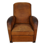 Fauteuil club vintage en cuir couleur cognac franais, annes 1950