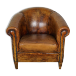 Fauteuil club vintage en cuir couleur cognac pays - bas