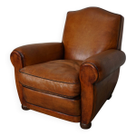 Fauteuil club vintage franais en cuir couleur cognac avec dossier moustache