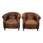 Fauteuil club vintage hollandais en cuir couleur cognac, lot de 2
