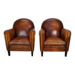Fauteuil club vintage hollandais en cuir couleur cognac, lot de 2