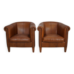 Fauteuil club vintage hollandais en cuir couleur cognac, lot de 2