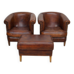 Fauteuil club vintage hollandais en cuir couleur cognac, lot de 2 avec repose - pieds Fauteuil club vintage hollandais en cuir couleur cognac, lot de 2 avec repose - pieds