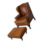 Fauteuil club vintage hollandais en cuir couleur cognac, avec repose - pieds