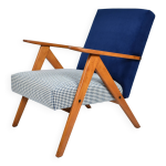 Fauteuil compas original, pied de poule, velours bleu, ann�es 1960, restaur�