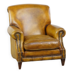 Fauteuil confortable de style anglais en cuir jaune de grande taille avec une finition soigne et des ...