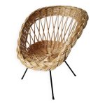 Fauteuil corbeille enfant en rotin, pieds compas mtal