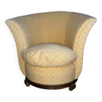Fauteuil, crapaud, tapissier, ameublement jaune  motifs et bois