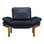 Fauteuil danois en teck et cuir bleu marine de komfort, ann�es 1970