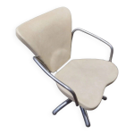 Fauteuil design années 70 - siège de coiffeur / barbier pivotant en skaï beige et chrome Fauteuil design années 70 - siège de coiffeur / barbier pivotant en skaï beige et chrome