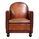 Fauteuil design art dco en peau de mouton avec bois et beau cuir couleur cognac