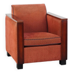 Fauteuil design art déco avec revêtement en tissu rouge et détails en bois Fauteuil design art déco avec revêtement en tissu rouge et détails en bois