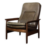 Fauteuil haut en teck et cuir marron avec dossier inclinable, style danois du milieu du sicle, annes ...
