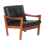 Fauteuil par illum wikkelsoe, cuir et teck, vintage, 1960. ceintures renouveles.
