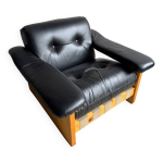 Fauteuil italien vintage des annes 1970 de poltrona munari cuir noir et structure en pin