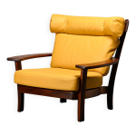 Fauteuil lounge brésilien en palissandre et cuir ocre Fauteuil lounge brésilien en palissandre et cuir ocre