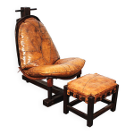Fauteuil lounge brutaliste en chêne et ottoman, années 1970, lot de 2 Fauteuil lounge brutaliste en chêne et ottoman, années 1970, lot de 2