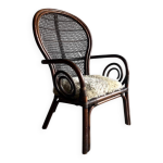 Fauteuil manou en bambou brun fonc� avec dossier ajour� en rotin, style ann�es 1960, france