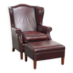 Fauteuil  oreilles en cuir de vache rouge bordeaux + ottoman de style anglais