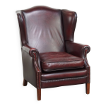 Fauteuil  oreilles en cuir de vache rouge bordeaux de style anglais