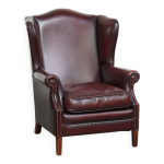 Fauteuil  oreilles en cuir de vachette rouge bordeaux de style anglais