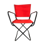 Fauteuil pliant tube métal noir avec tissu rouge années 70 vintage Fauteuil pliant tube métal noir avec tissu rouge années 70 vintage