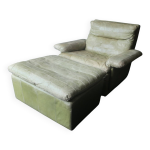 Fauteuil et pouf en cuir patchwork vert olive par laauser, annes 1970