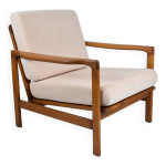Fauteuil restaur� des ann�es 60, rose, bois de teck