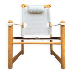 Fauteuil safari vintage, meuble siège ancien orme et lin Fauteuil safari vintage, meuble siège ancien orme et lin