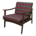 Fauteuil scandinave en teck 1960 d�montable avec tissu �cossais