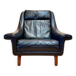 Fauteuil et son ottoman design scandinave aage christiansen cuir noir 1950.