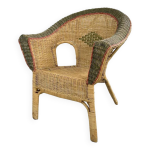 Fauteuil style cabriolet en rotin, osier et liser vert et rouge