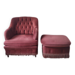 Fauteuil velours vieux rose et son repose pied