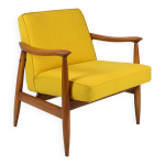 Fauteuil vintage d'origine, ann�es 60, enti�rement restaur�, tissu jaune, teck