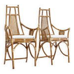 Fauteuils vintage en bambou et rotin avec coussins boucls, annes 1970, lot de 2