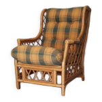 Fauteuil vintage en bambou et rotin faon tartan
