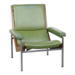 Fauteuil vintage en cuir de vachette vert et bois