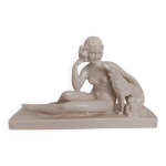 Femme nue et son chien (l�vrier) - statue en c�ramique beige - sign�e charles lemanceau - 1930