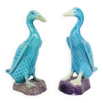 Figurine de canard vintage couple en porcelaine chinoise bleue