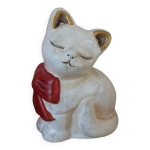 Figurine thun chat en cramique au noeud rouge, statuette chat poterie bolzano italie peint main