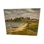 Gouache sur panneau ��village au bord de l eau �