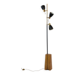 Grand lampadaire  3 feux en mtal, laiton et bois massif, 197cm.