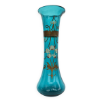 Grand vase de forme diabolo en verre souffl bleu turquoise avec dcor floral art nouveau 1900s